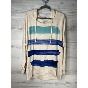 DKNY Jeans Pullover Womens XL Beige Blue Striped Hooded Sweatshirt Cotton NWT